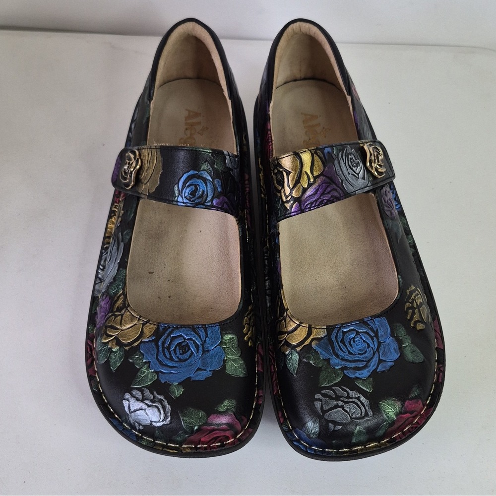 Alegria Black Floral Leather Mary Jane Flats Round Toe Button Womens Size 12 - Picture 7 of 7